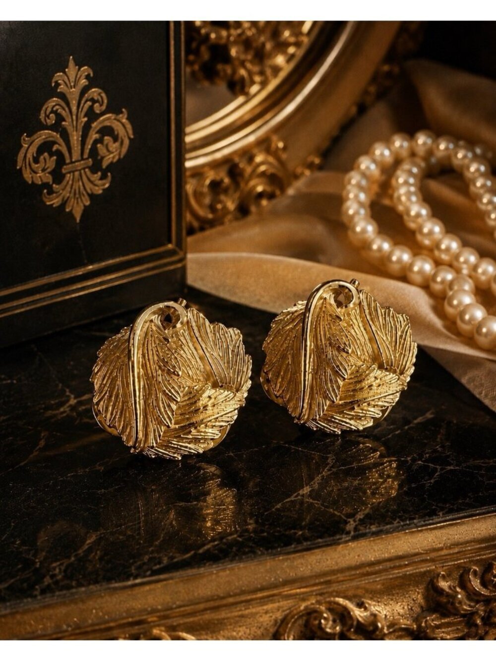Vintage 1980s Earrings Gold Tone Leaves Clip On Statement Runway Glam Grecian